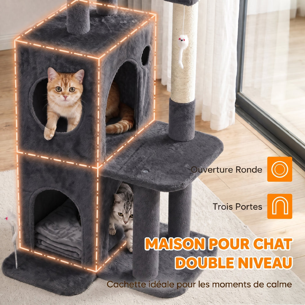 Arbre à Chat 4 Niveaux 132 cm, Niche, Lit, Plateforme, Poteaux à Griffer en Sisal, Jouets Suspendus, Gris Foncé-4