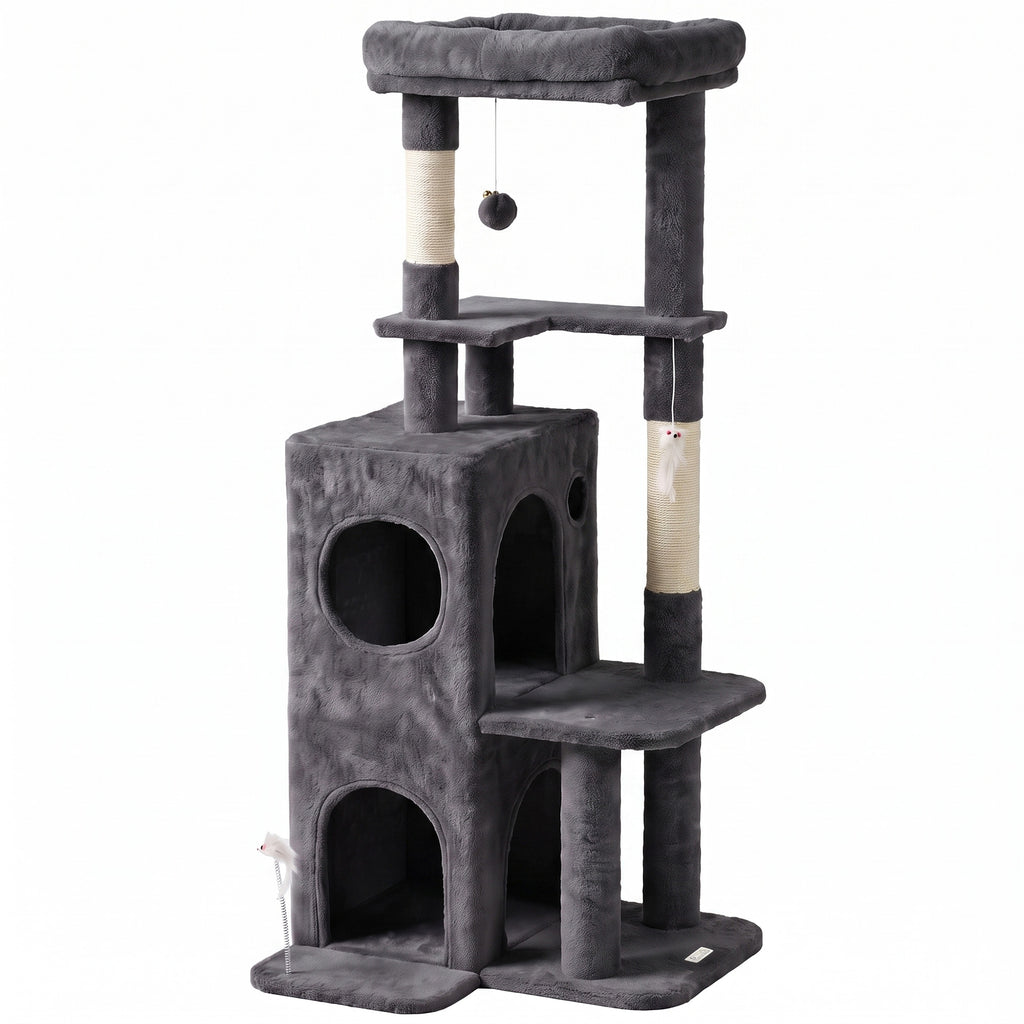 Arbre à Chat 4 Niveaux 132 cm, Niche, Lit, Plateforme, Poteaux à Griffer en Sisal, Jouets Suspendus, Gris Foncé-0