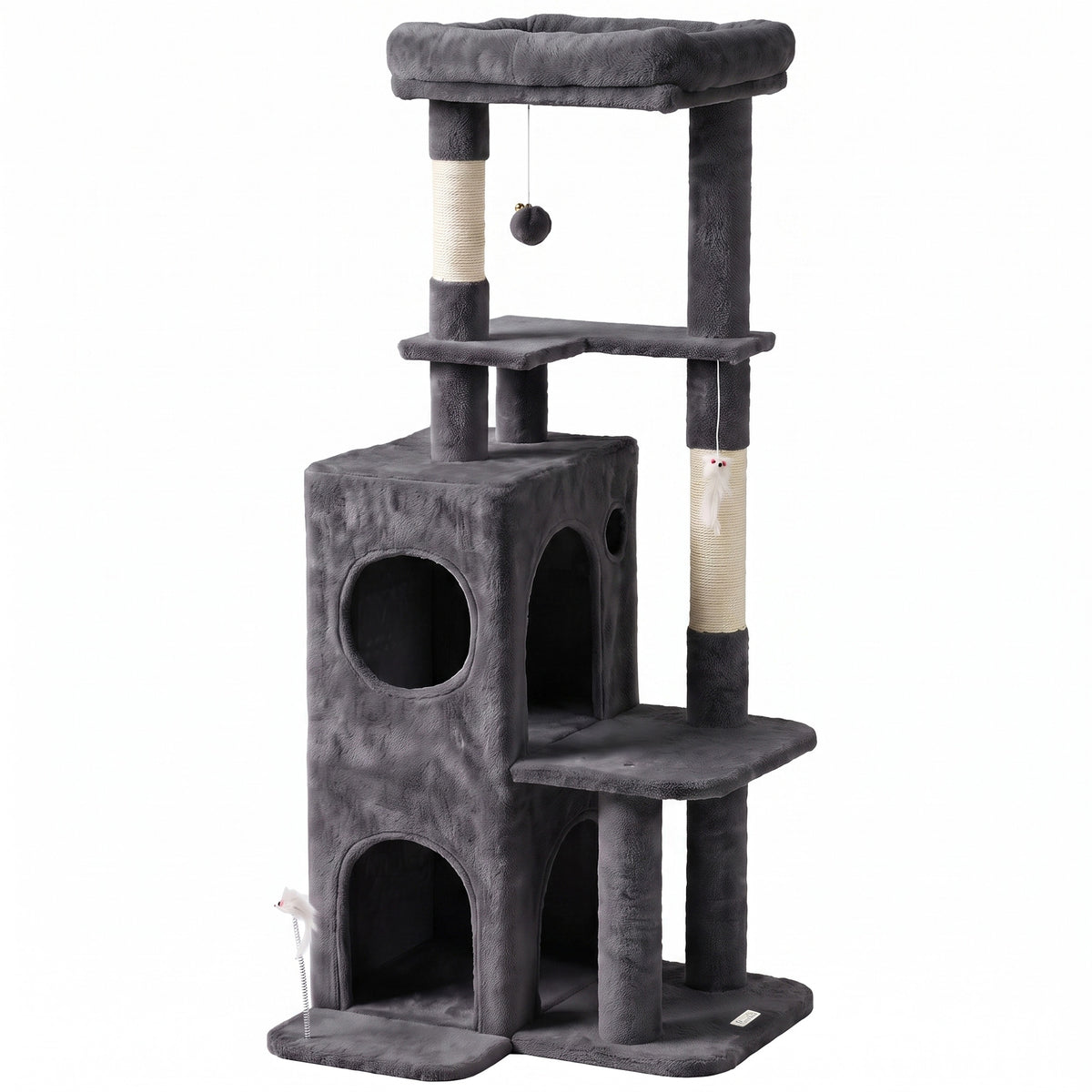 Arbre à Chat 4 Niveaux 132 cm, Niche, Lit, Plateforme, Poteaux à Griffer en Sisal, Jouets Suspendus, Gris Foncé-0