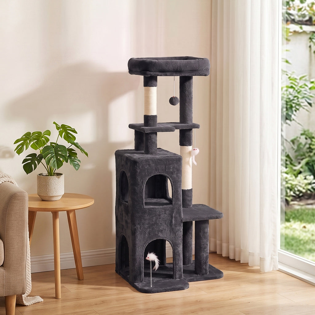 Arbre à Chat 4 Niveaux 132 cm, Niche, Lit, Plateforme, Poteaux à Griffer en Sisal, Jouets Suspendus, Gris Foncé-1