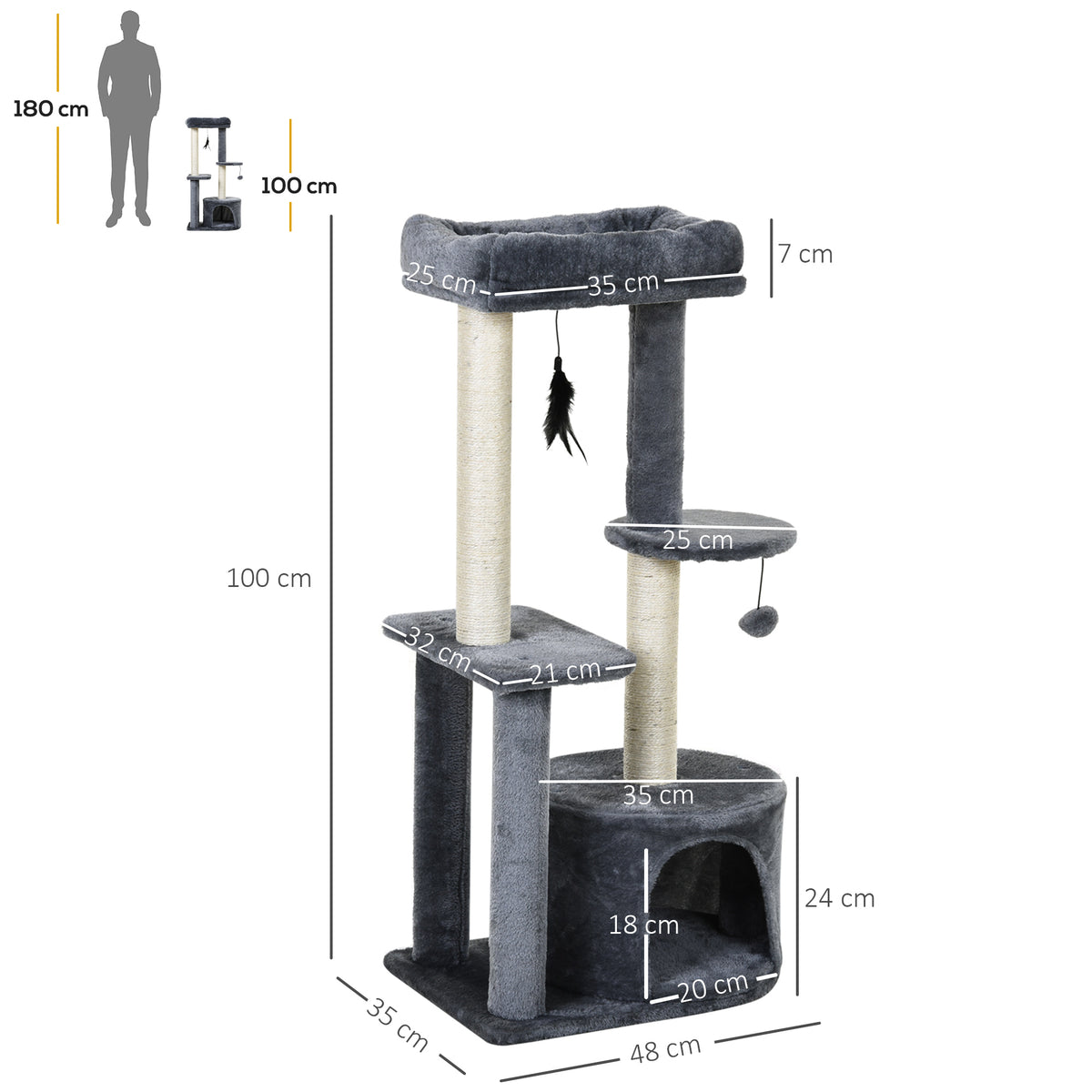 Arbre à chats avec griffoirs grattoirs sisal naturel centre d'activités niche plateformes 2 jouets suspendus gris-2