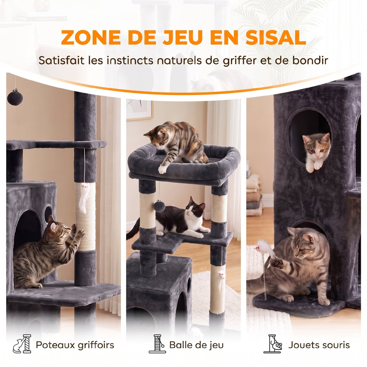 Arbre à Chat 4 Niveaux 132 cm, Niche, Lit, Plateforme, Poteaux à Griffer en Sisal, Jouets Suspendus, Gris Foncé-6