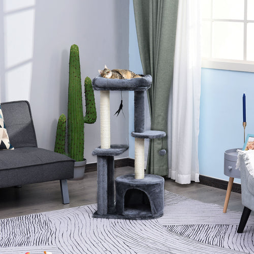 Arbre à chats avec griffoirs grattoirs sisal naturel centre d'activités niche plateformes 2 jouets suspendus gris-1