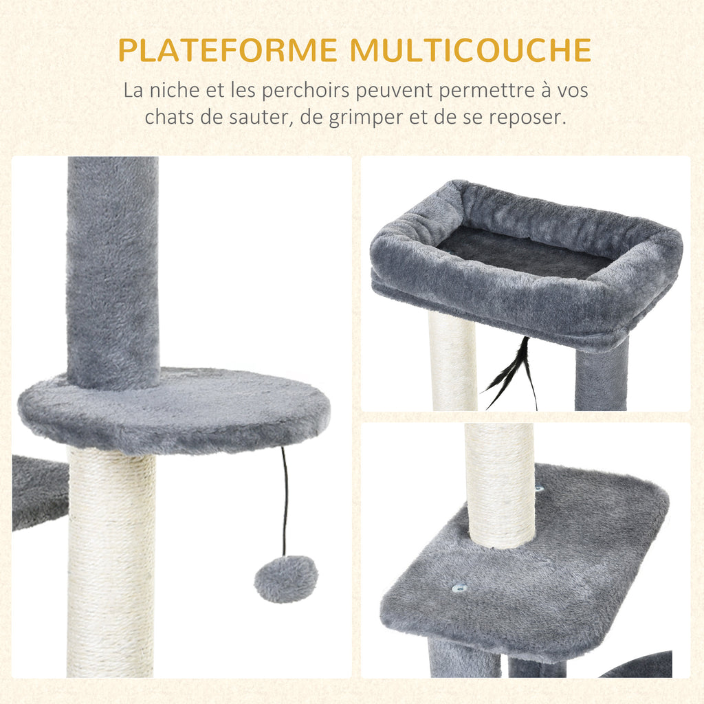 Arbre à chats avec griffoirs grattoirs sisal naturel centre d'activités niche plateformes 2 jouets suspendus gris-3