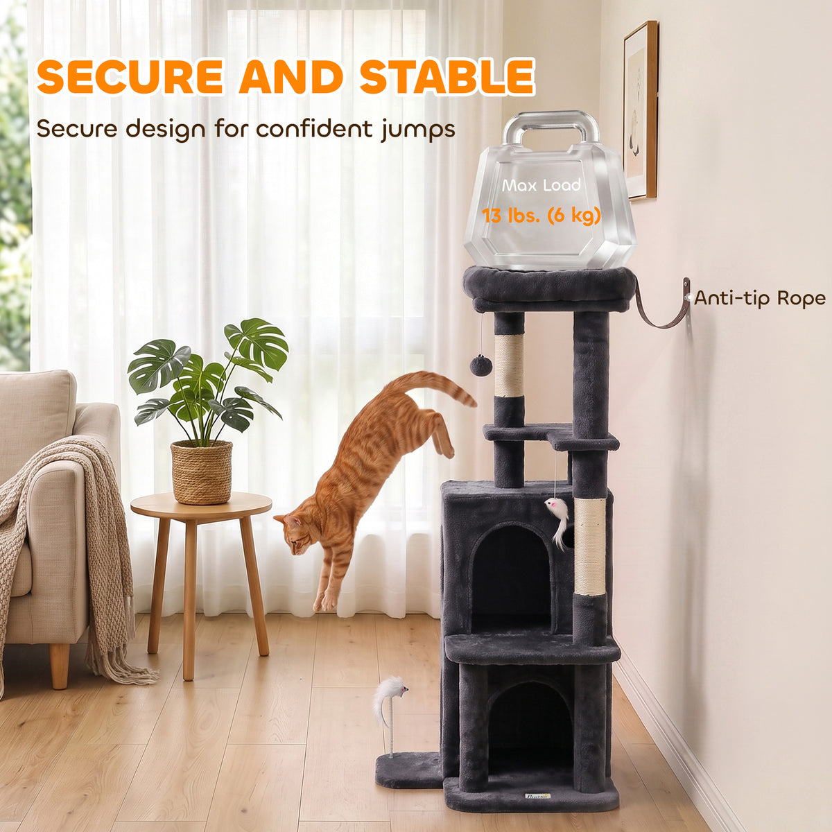 Arbre à Chat 4 Niveaux 132 cm, Niche, Lit, Plateforme, Poteaux à Griffer en Sisal, Jouets Suspendus, Gris Foncé-7
