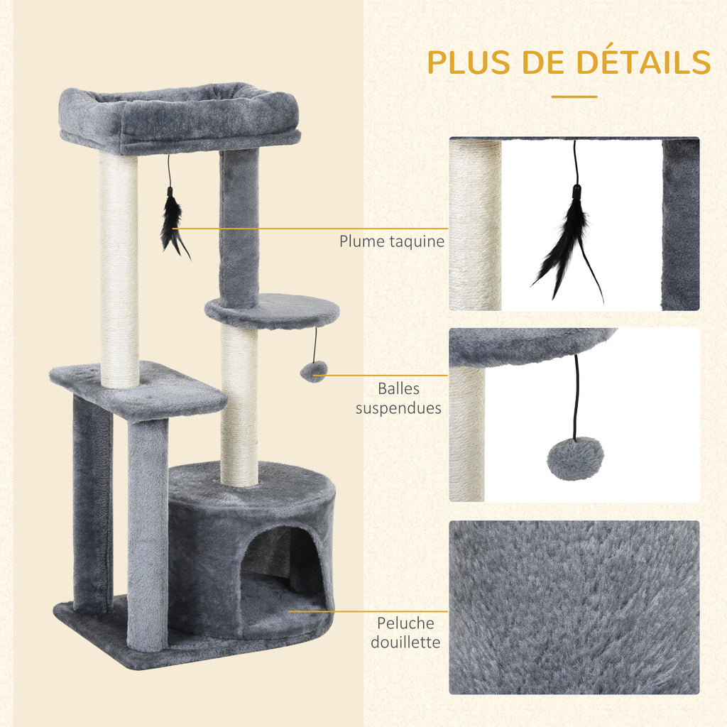 Arbre à chats avec griffoirs grattoirs sisal naturel centre d'activités niche plateformes 2 jouets suspendus gris-6