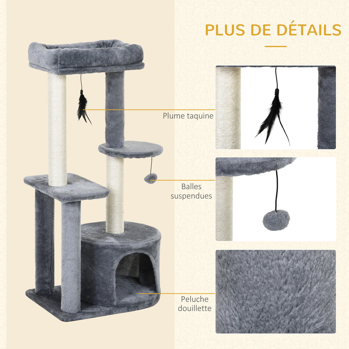 Arbre à chats avec griffoirs grattoirs sisal naturel centre d'activités niche plateformes 2 jouets suspendus gris-6