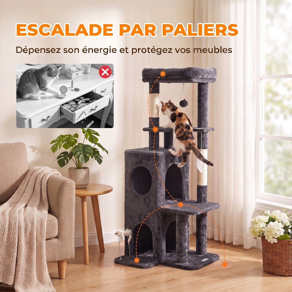Arbre à Chat 4 Niveaux 132 cm, Niche, Lit, Plateforme, Poteaux à Griffer en Sisal, Jouets Suspendus, Gris Foncé-5