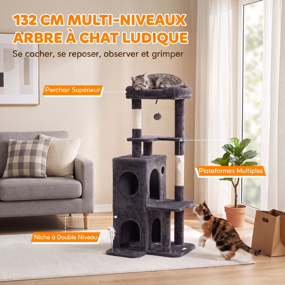 Arbre à Chat 4 Niveaux 132 cm, Niche, Lit, Plateforme, Poteaux à Griffer en Sisal, Jouets Suspendus, Gris Foncé-3