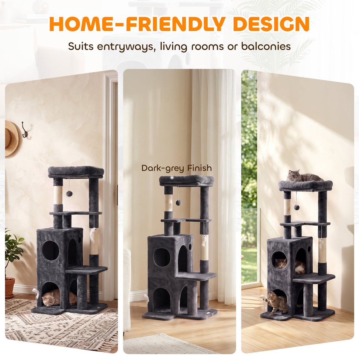Arbre à Chat 4 Niveaux 132 cm, Niche, Lit, Plateforme, Poteaux à Griffer en Sisal, Jouets Suspendus, Gris Foncé-8