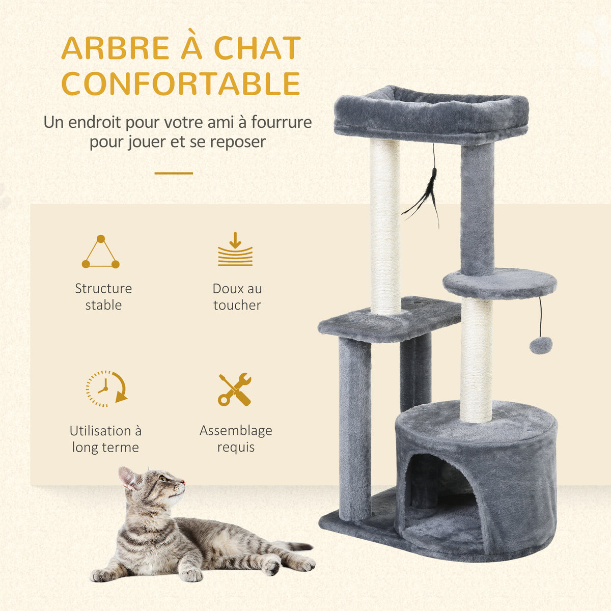 Arbre à chats avec griffoirs grattoirs sisal naturel centre d'activités niche plateformes 2 jouets suspendus gris-5